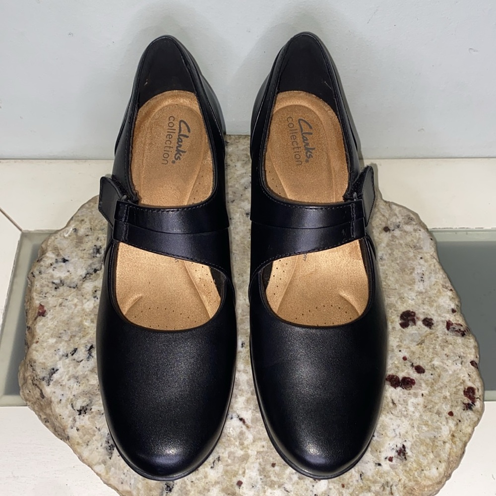 CLARKS EMSLIE LULIN BLACK LEATHER MARY JANE COMFORT HEELS Women’s Size 10 NWT! - Picture 5 of 16